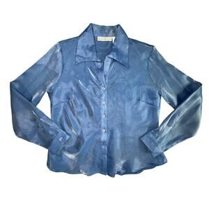 Vintage 90s Dress Barn Blue Iridescent Button Up Blouse Shimmery Luster Sz M